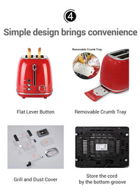 HKM-963475 Compact 2-Slice Grill Toaster with Wide Slots and Adjustable Settings