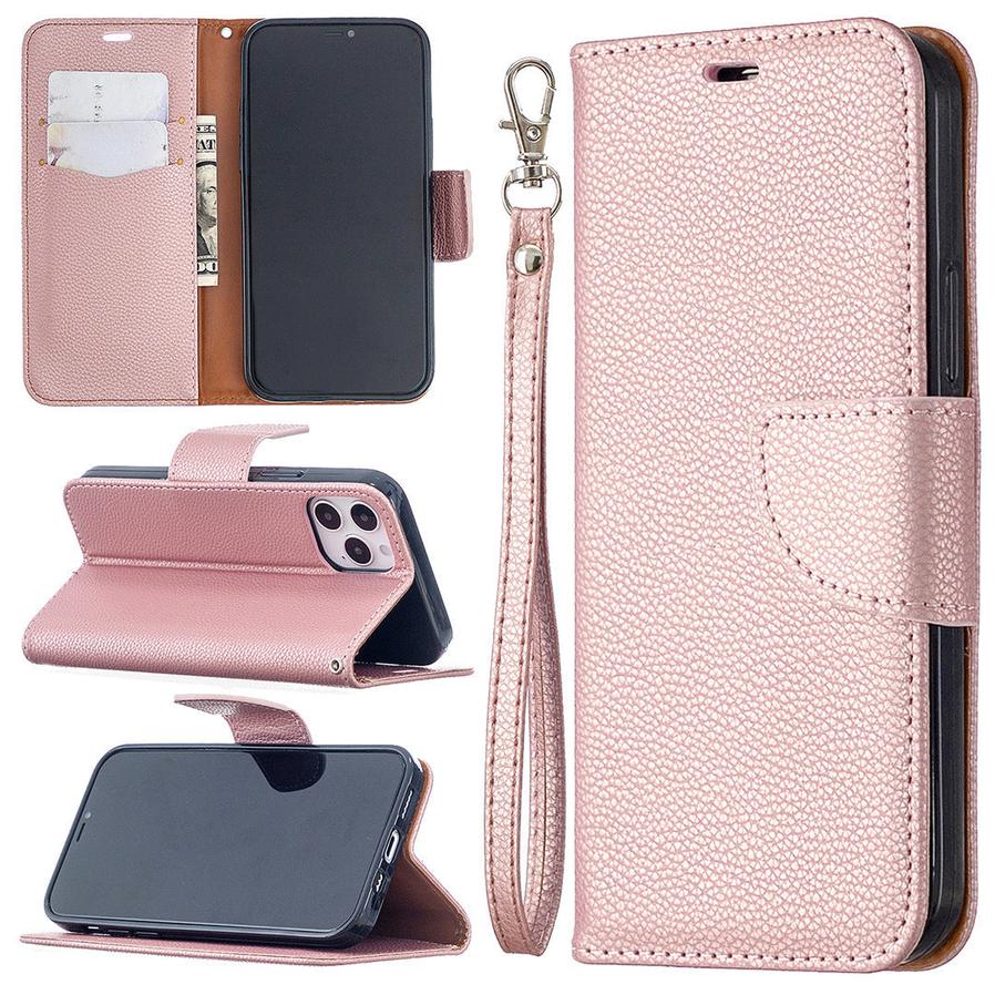 HKM-963603 Lychee Pattern Flip Leather Wallet Case with Lanyard for iPhone Models
