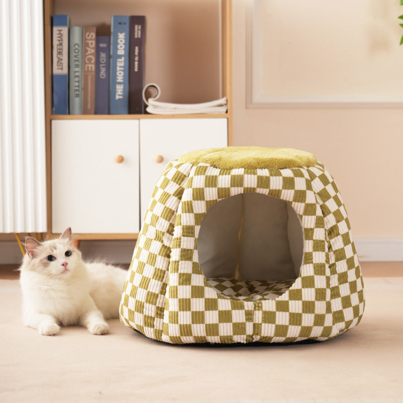 HKM-9638845 Cozy Closed Cat House for Small Dogs and Cats - Winter Warm Flannel & Cotton Design
