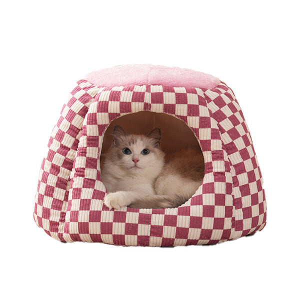 HKM-9638845 Cozy Closed Cat House for Small Dogs and Cats - Winter Warm Flannel & Cotton Design