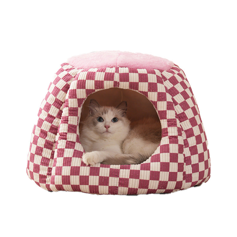 HKM-9638845 Cozy Closed Cat House for Small Dogs and Cats - Winter Warm Flannel & Cotton Design