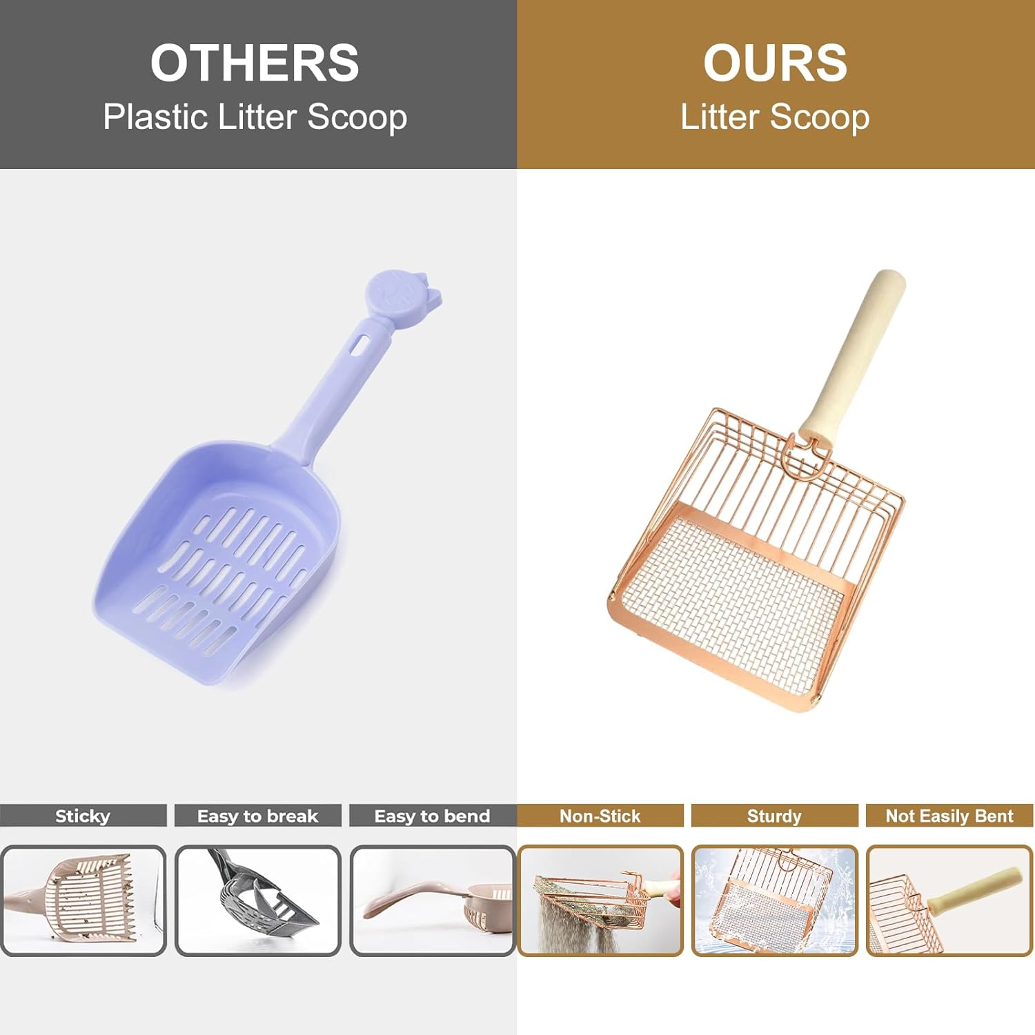 HKM-9640253 Metal Cat Litter Scoop with Wooden Handle for Effective Poop Sifting and Litter Box Maintenance