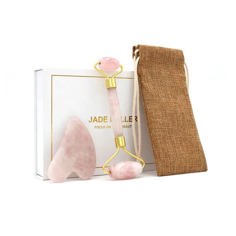 HKM-964051 Rose Quartz Facial Massage Roller and Gua Sha Set with Pouch and Gift Box