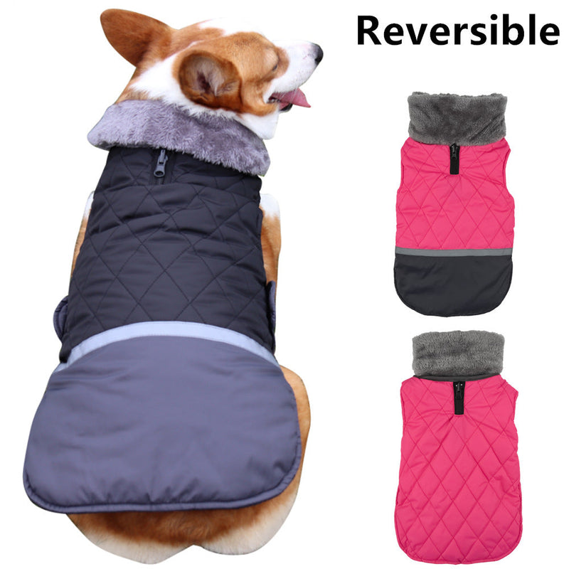 HKM-9641149 Reversible Plush Lapel Pet Jacket with Waterproof Fabric and Reflective Stripes
