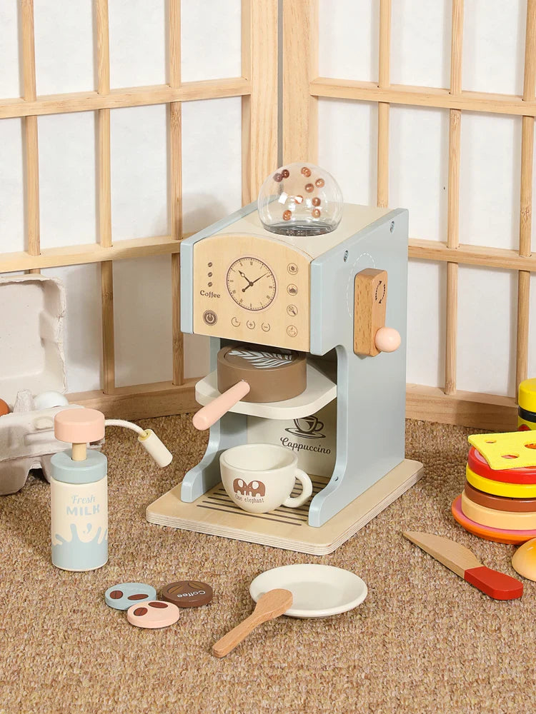 HKM-964179 Blue Wooden Coffee Maker Toy Set for Kids - Mini Educational DIY Kitchen Play for Boys and Girls