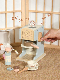HKM-964179 Blue Wooden Coffee Maker Toy Set for Kids - Mini Educational DIY Kitchen Play for Boys and Girls