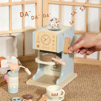 HKM-964179 Blue Wooden Coffee Maker Toy Set for Kids - Mini Educational DIY Kitchen Play for Boys and Girls