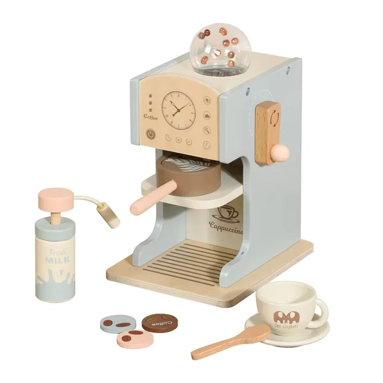 HKM-964179 Blue Wooden Coffee Maker Toy Set for Kids - Mini Educational DIY Kitchen Play for Boys and Girls