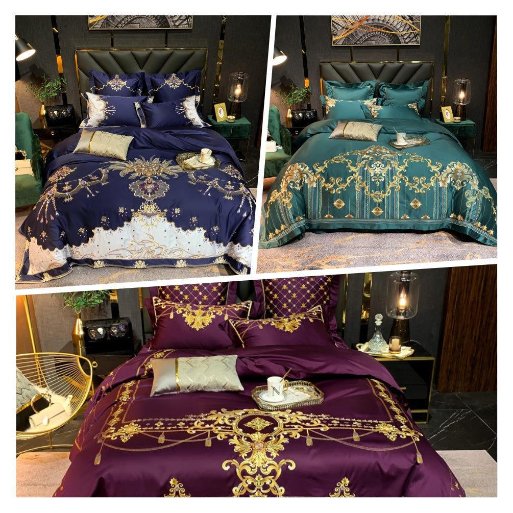 HKM-964883 European Style Embroidered Flower Cotton Bedding Set - Four-Piece or Six-Piece Options