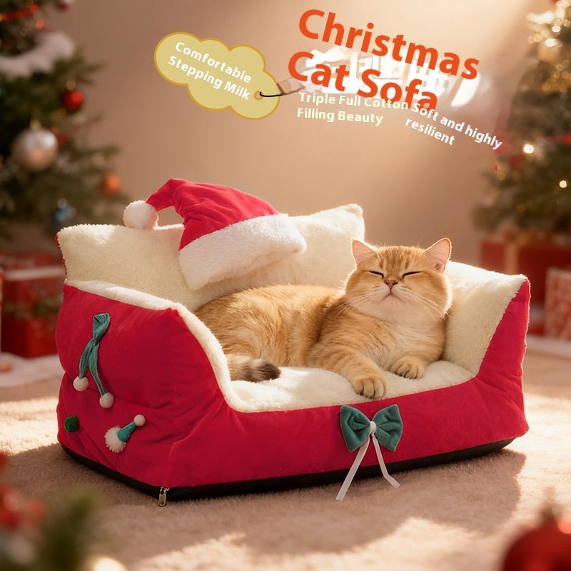 HKM-9650365 Christmas Cat Nest in Flannel - Warm, Removable, Washable, Plus-sized for All Seasons