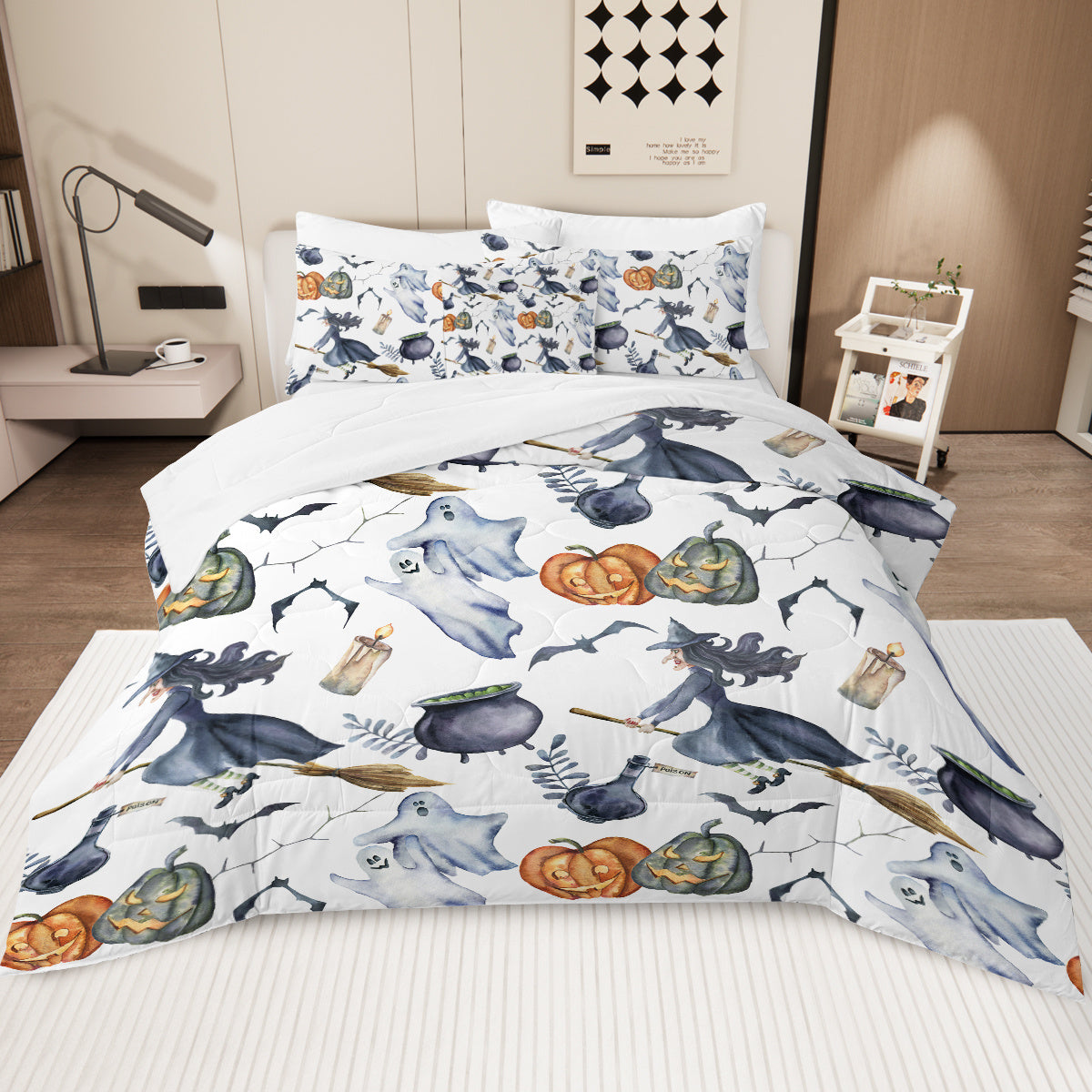HKM-965203 Halloween Witch Pattern Comforter Set - 8-Piece Bed in a Bag with Comforter, Sheets, Pillow Shams, and Cushion Covers