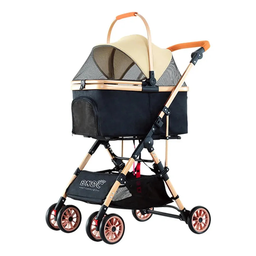 HKM-965395 Lightweight Gold Colour Foldable Pet Stroller for Easy Travel and Outdoor Use