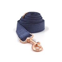 HKM-9655869 Rose Gold Buckle Deep Denim Pet Collar, Leash & Bow Tie Set