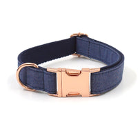 HKM-9655869 Rose Gold Buckle Deep Denim Pet Collar, Leash & Bow Tie Set