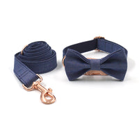 HKM-9655869 Rose Gold Buckle Deep Denim Pet Collar, Leash & Bow Tie Set