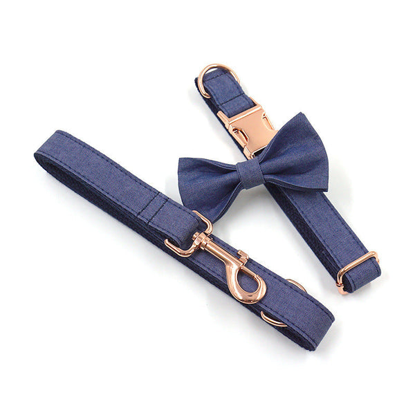 HKM-9655869 Rose Gold Buckle Deep Denim Pet Collar, Leash & Bow Tie Set