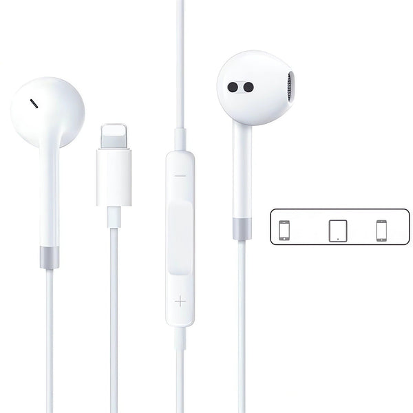 HKM-965779 Lightning In-Ear Wired Earbuds for iPhone 14, 13, 12, 11, 8 Plus, XS - Built-in Remote for Music and Calls