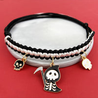 HKM-9658045 Halloween Themed Hand-Woven Pet Collar with Geometric Patterns and Skull Designs