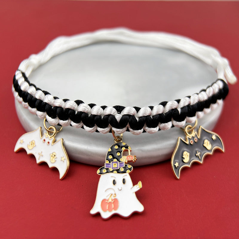 HKM-9658045 Halloween Themed Hand-Woven Pet Collar with Geometric Patterns and Skull Designs