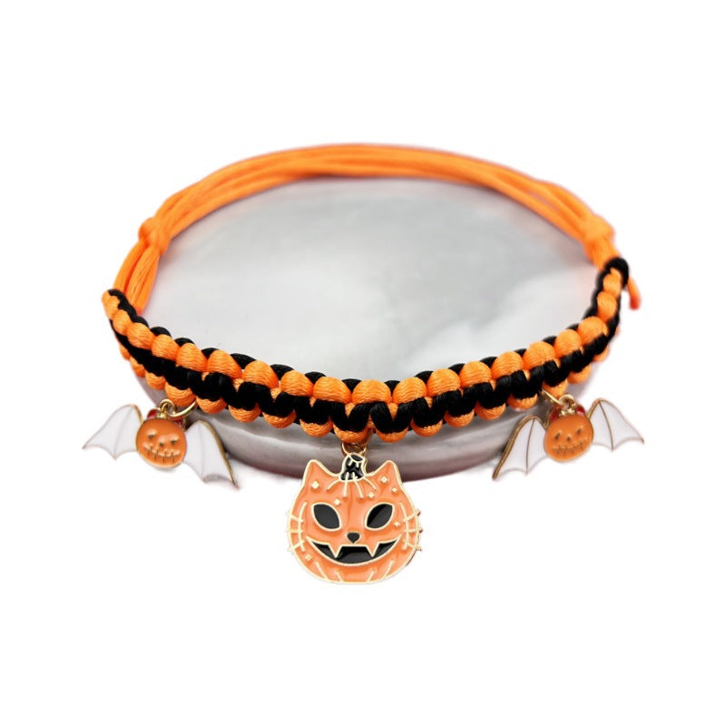 HKM-9658045 Halloween Themed Hand-Woven Pet Collar with Geometric Patterns and Skull Designs