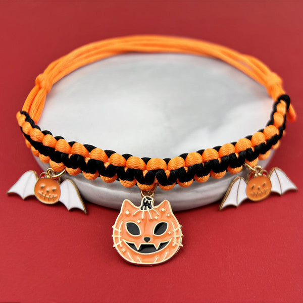 HKM-9658045 Halloween Themed Hand-Woven Pet Collar with Geometric Patterns and Skull Designs