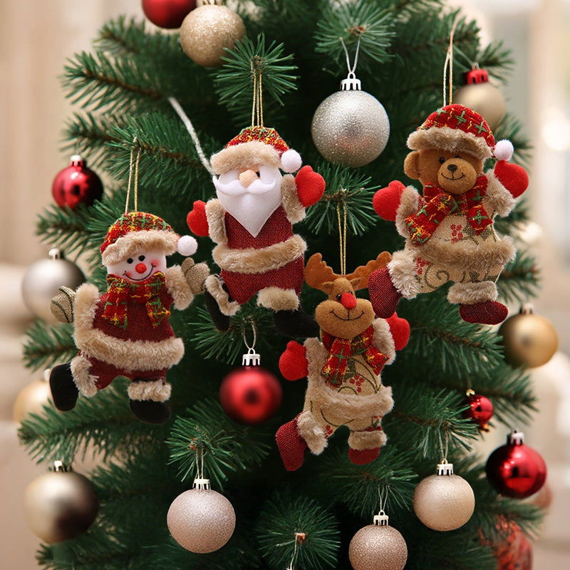 HKM-966163 Festive Holiday Tree Ornaments Set - Santa, Snowman, Reindeer, and Bear Figures with Scarves and Bows