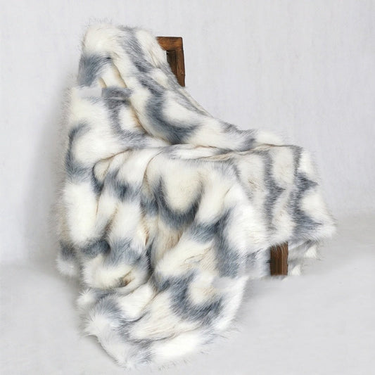 HKM-966355 Luxurious Geometric Pattern Blue Water Wave Faux Fur Blanket - Multiple Sizes Available