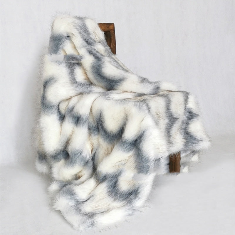 HKM-966355 Luxurious Geometric Pattern Blue Water Wave Faux Fur Blanket - Multiple Sizes Available