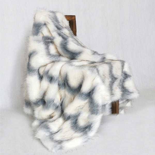 HKM-966355 Luxurious Geometric Pattern Blue Water Wave Faux Fur Blanket - Multiple Sizes Available