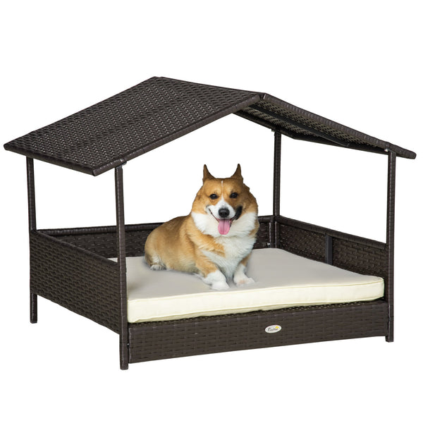 HKM-9665469 Elevated Wicker Dog Bed with Rattan Canopy and Cushioned Sleeping Pad in Cream