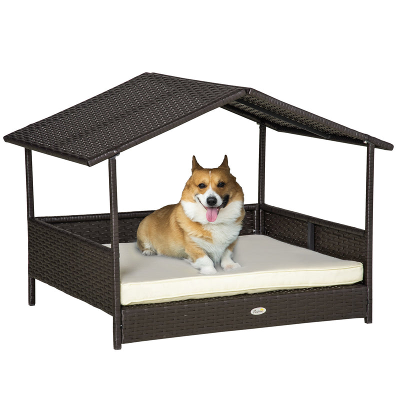 HKM-9665469 Elevated Wicker Dog Bed with Rattan Canopy and Cushioned Sleeping Pad in Cream