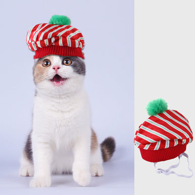 HKM-9666621 Striped Wool Cat Hat with Ears - Fun Headgear for Cats