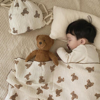 HKM-966931 Double Layer Full Print Bear Blanket in Beige - Soft Cotton Gauze for Comfort and Style