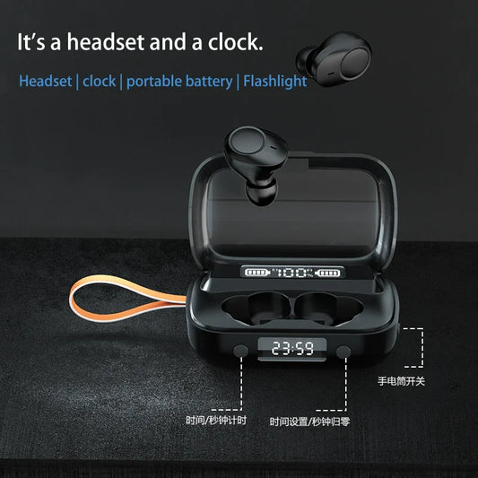 HKM-967187 Wireless Bluetooth 5.1 Earbuds with Touch Control, IPX7 Waterproof, and Built-in Flashlight Clock
