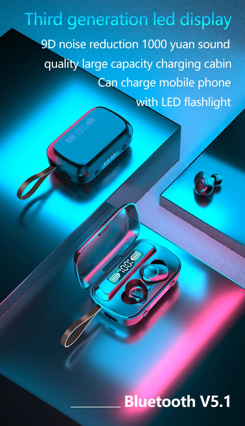 HKM-967187 Wireless Bluetooth 5.1 Earbuds with Touch Control, IPX7 Waterproof, and Built-in Flashlight Clock