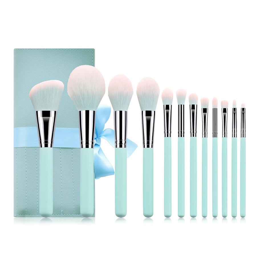 HKM-967251 Light Blue Nylon Bristle Makeup Brush Set with Wooden Handles - 12 Pieces