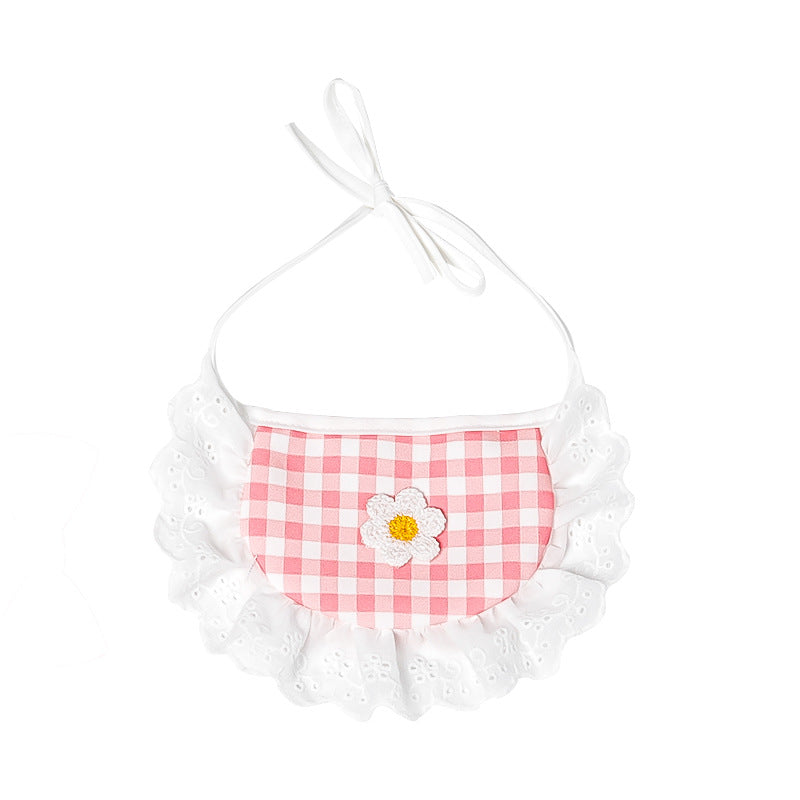 HKM-9674941 Cute Lace Bib and Plaid Saliva Towel for Pets in Yellow, Red, and Blue
