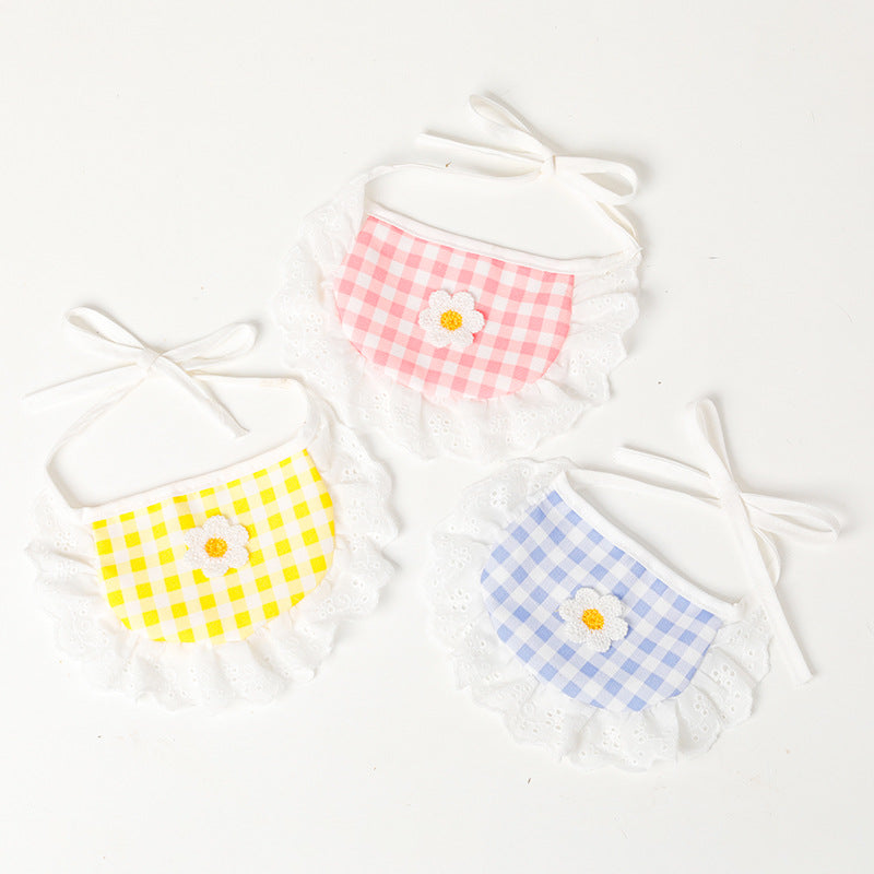 HKM-9674941 Cute Lace Bib and Plaid Saliva Towel for Pets in Yellow, Red, and Blue