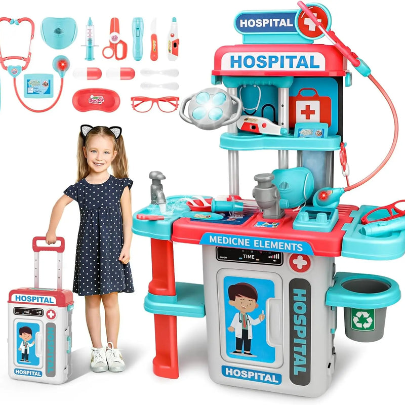HKM-967699 3 in 1 Kids Medical Pretend Playset with Stethoscope and Surgical Light