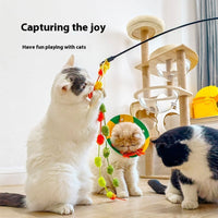 HKM-9678141 Rainbow Cotton Candy Cat Teaser with Lengthening Bar, Plush Tassel and Bell, Bite-Resistant Pet Toy