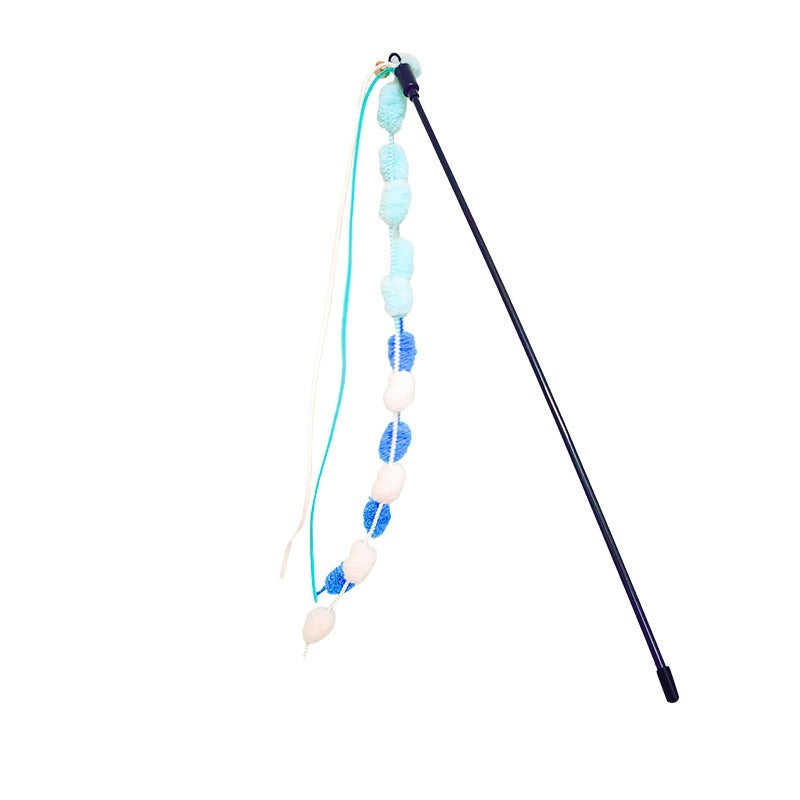 HKM-9678141 Rainbow Cotton Candy Cat Teaser with Lengthening Bar, Plush Tassel and Bell, Bite-Resistant Pet Toy
