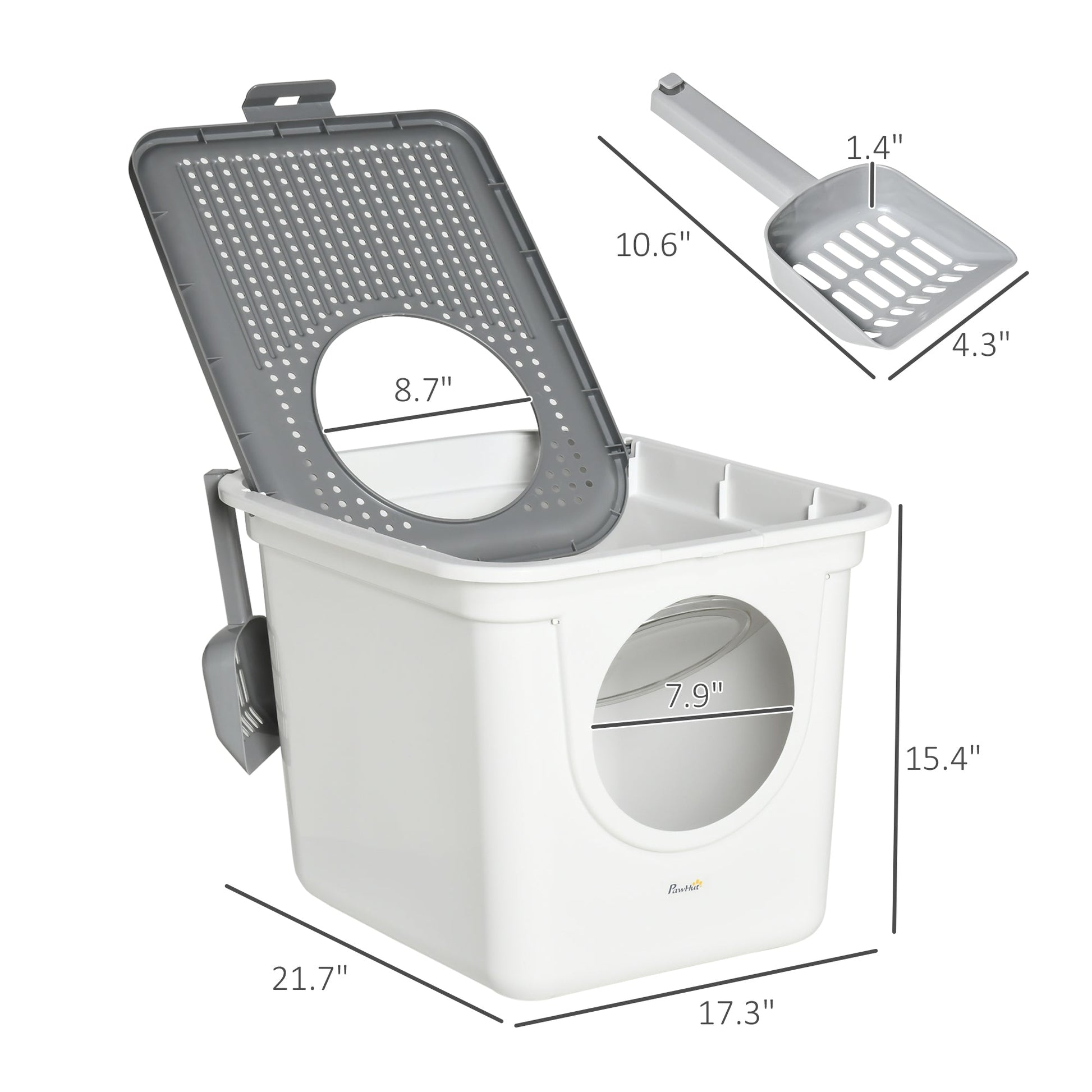 HKM-9678781 Covered Cat Litter Box with Front Entrance and Top Exit for Easy Cleaning and Odor Control, White