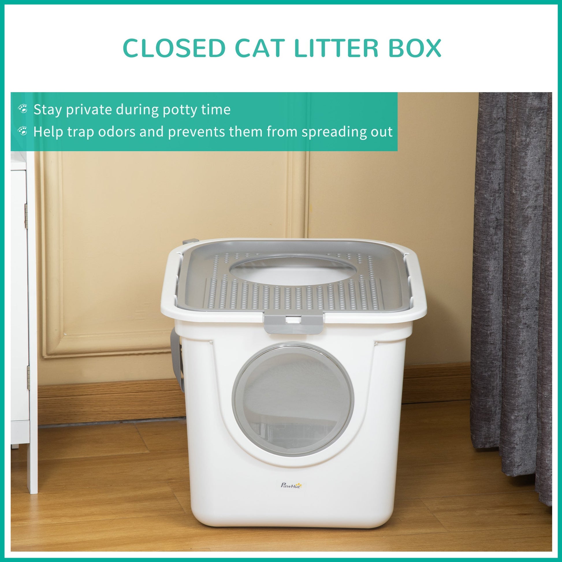 HKM-9678781 Covered Cat Litter Box with Front Entrance and Top Exit for Easy Cleaning and Odor Control, White
