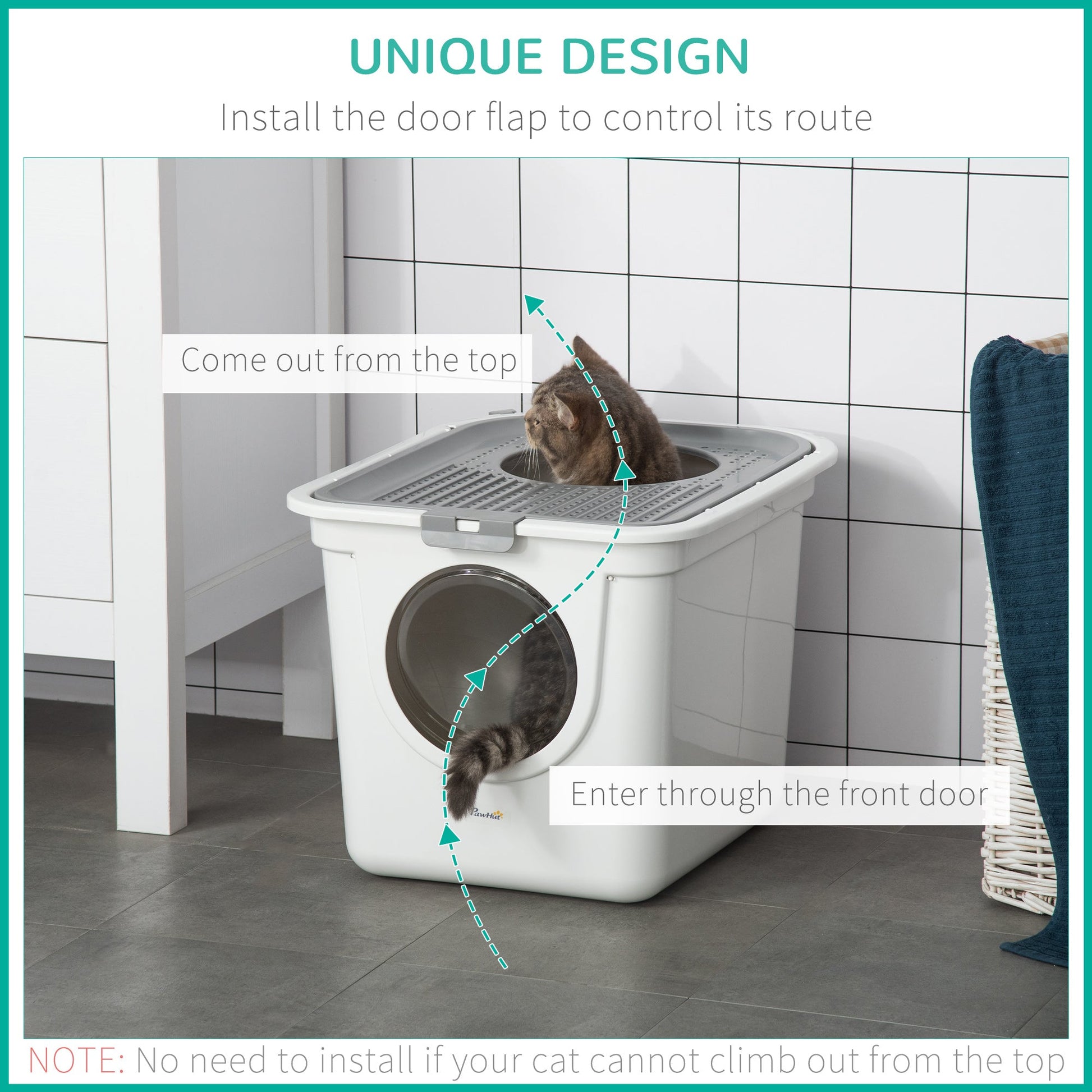 HKM-9678781 Covered Cat Litter Box with Front Entrance and Top Exit for Easy Cleaning and Odor Control, White
