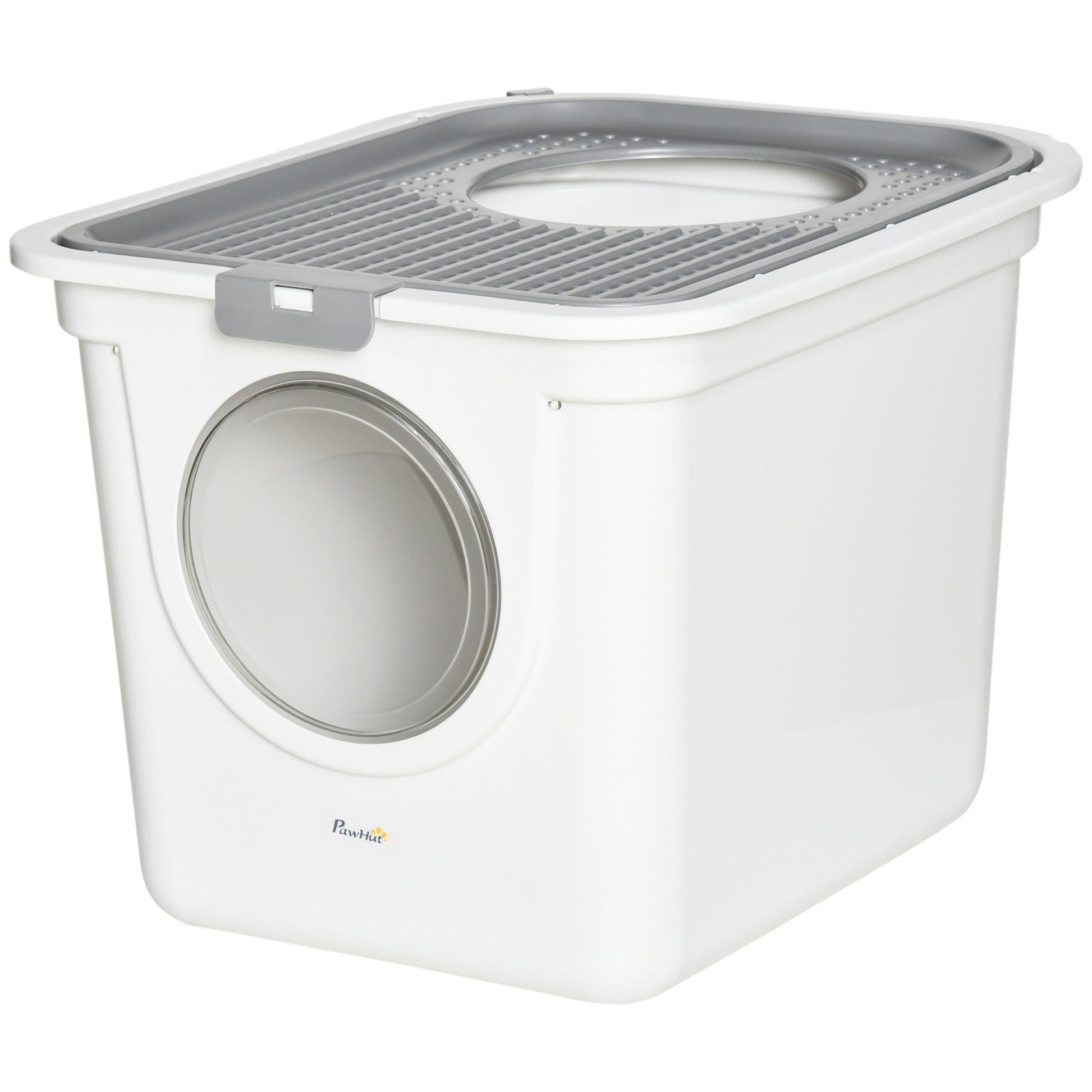 HKM-9678781 Covered Cat Litter Box with Front Entrance and Top Exit for Easy Cleaning and Odor Control, White