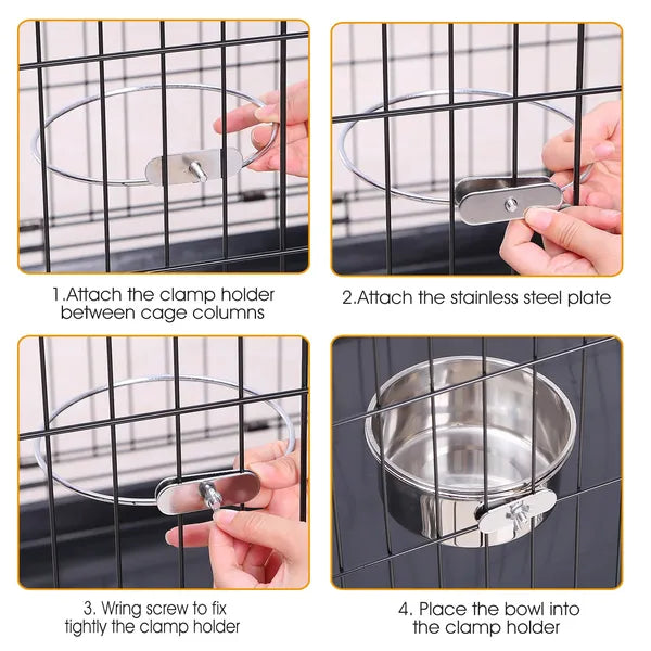 HKM-9679293 Stainless Steel Hanging Dog Bowl with Detachable Clamp for Pet Cage Food and Water