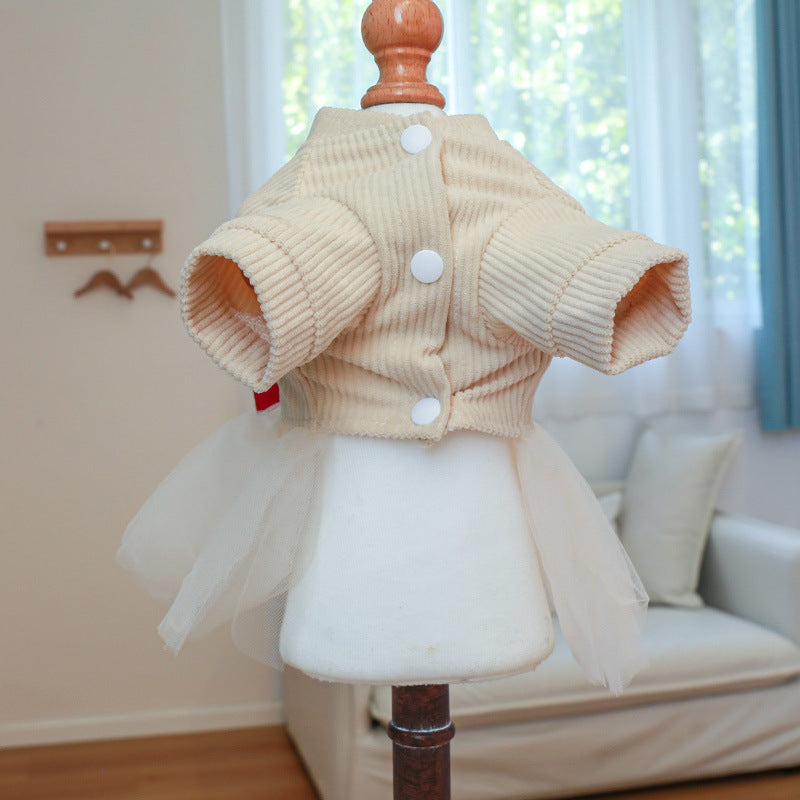HKM-9683645 Beige Chest and Back Gauze Skirt for Dogs - Warm Pet Clothing in Milky White, Available in Multiple Sizes