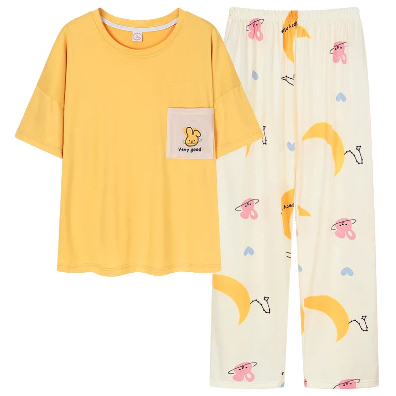 HKM-968723 New Pajama Suit Women's Summer Trousers Round Neck Knitted Cotton Student Youth Comfortable Home Clothes Breathable Short Sleeve