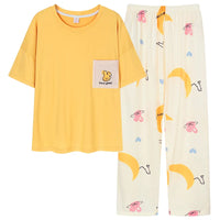 HKM-968723 New Pajama Suit Women's Summer Trousers Round Neck Knitted Cotton Student Youth Comfortable Home Clothes Breathable Short Sleeve