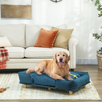 HKM-9687485 Large Dog Couch with Removable Cushion, Pine Wood Legs, Dark Blue Design for Indoor Comfort